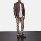 Dean brown leather biker jacket full body styling with pants