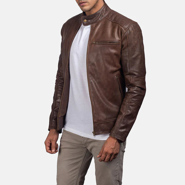 Dean brown leather biker jacket side view