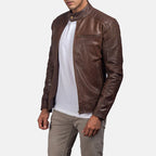 Dean brown leather biker jacket side view
