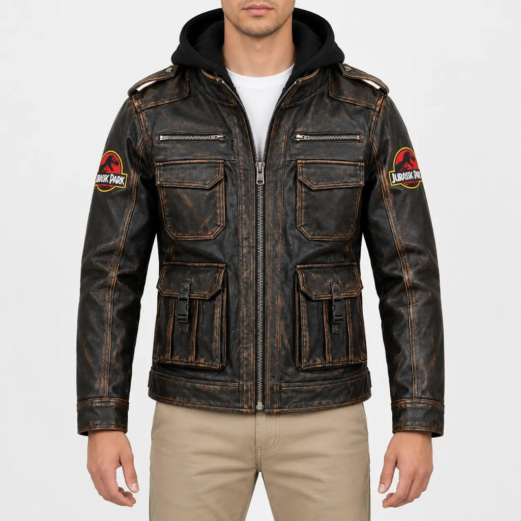Men’s distressed brown leather hooded field jacket with cargo flap pockets, epaulettes and front zipper