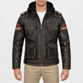 Men’s distressed brown leather hooded field jacket with cargo flap pockets, epaulettes and front zipper