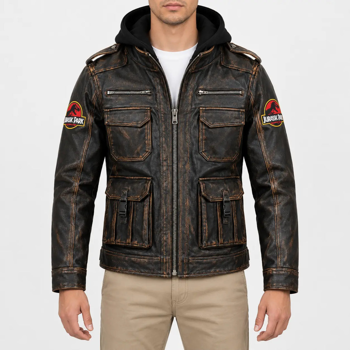 Men’s distressed brown leather hooded field jacket with cargo flap pockets, epaulettes and front zipper