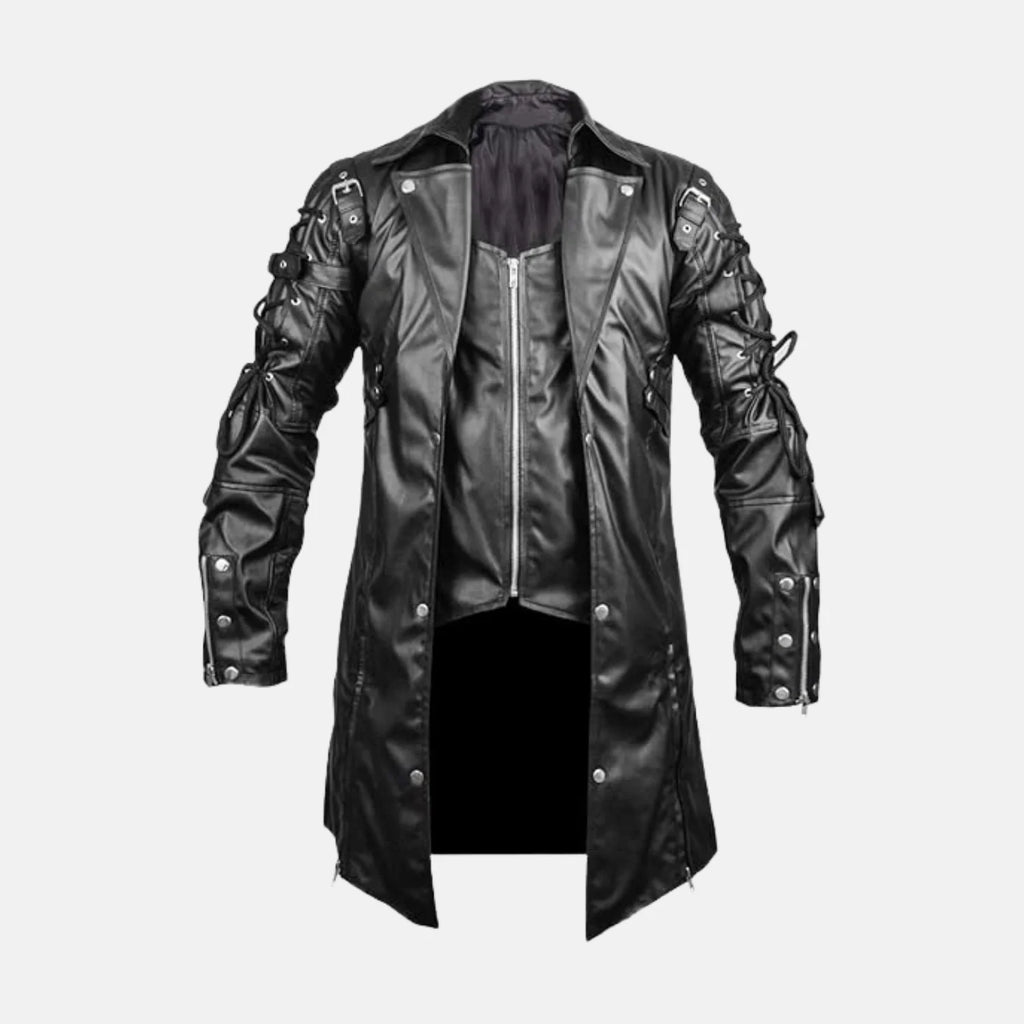 Men's gothic steampunk black leather coat with notched lapels, zipper vest, buckle shoulder straps and lace-up sleeves