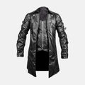 Men's gothic steampunk black leather coat with notched lapels, zipper vest, buckle shoulder straps and lace-up sleeves