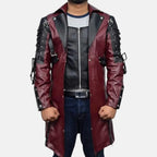 Men's maroon and black leather coat with lace-up sleeves, notched lapels and front zipper closure