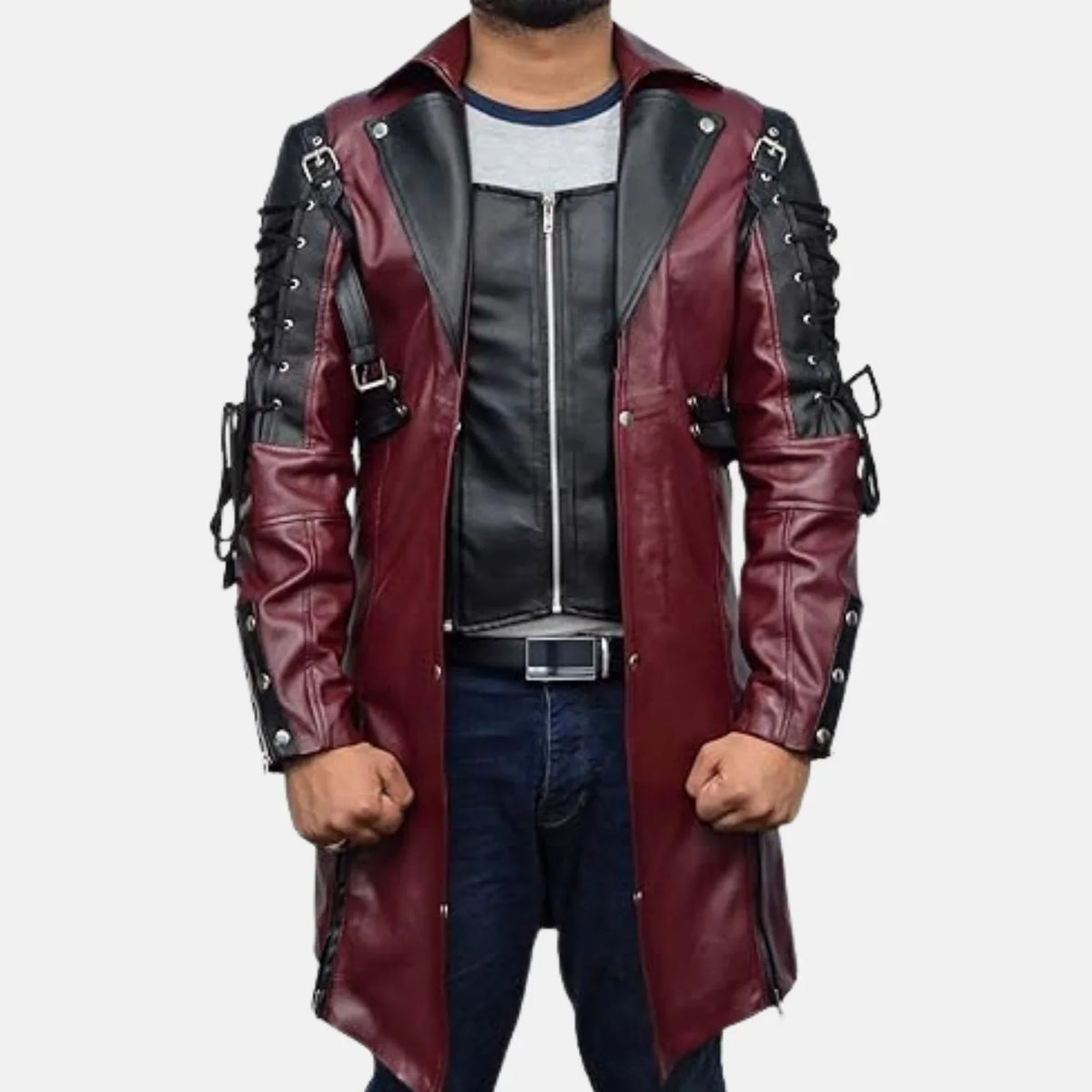 Men's maroon and black leather coat with lace-up sleeves, notched lapels and front zipper closure