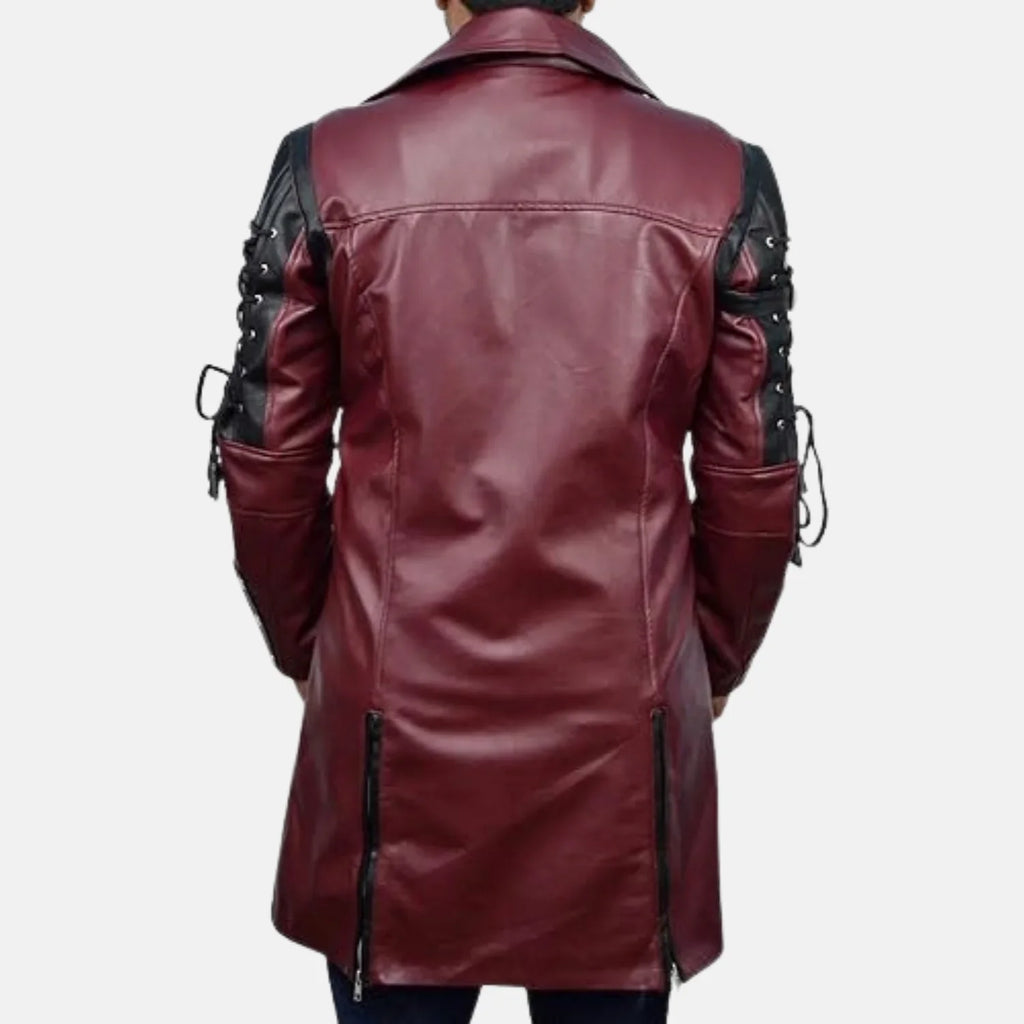 Men's maroon and black leather coat with black lace-up sleeves and mid-length hem