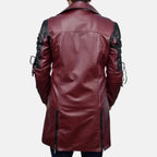 Men's maroon and black leather coat with black lace-up sleeves and mid-length hem