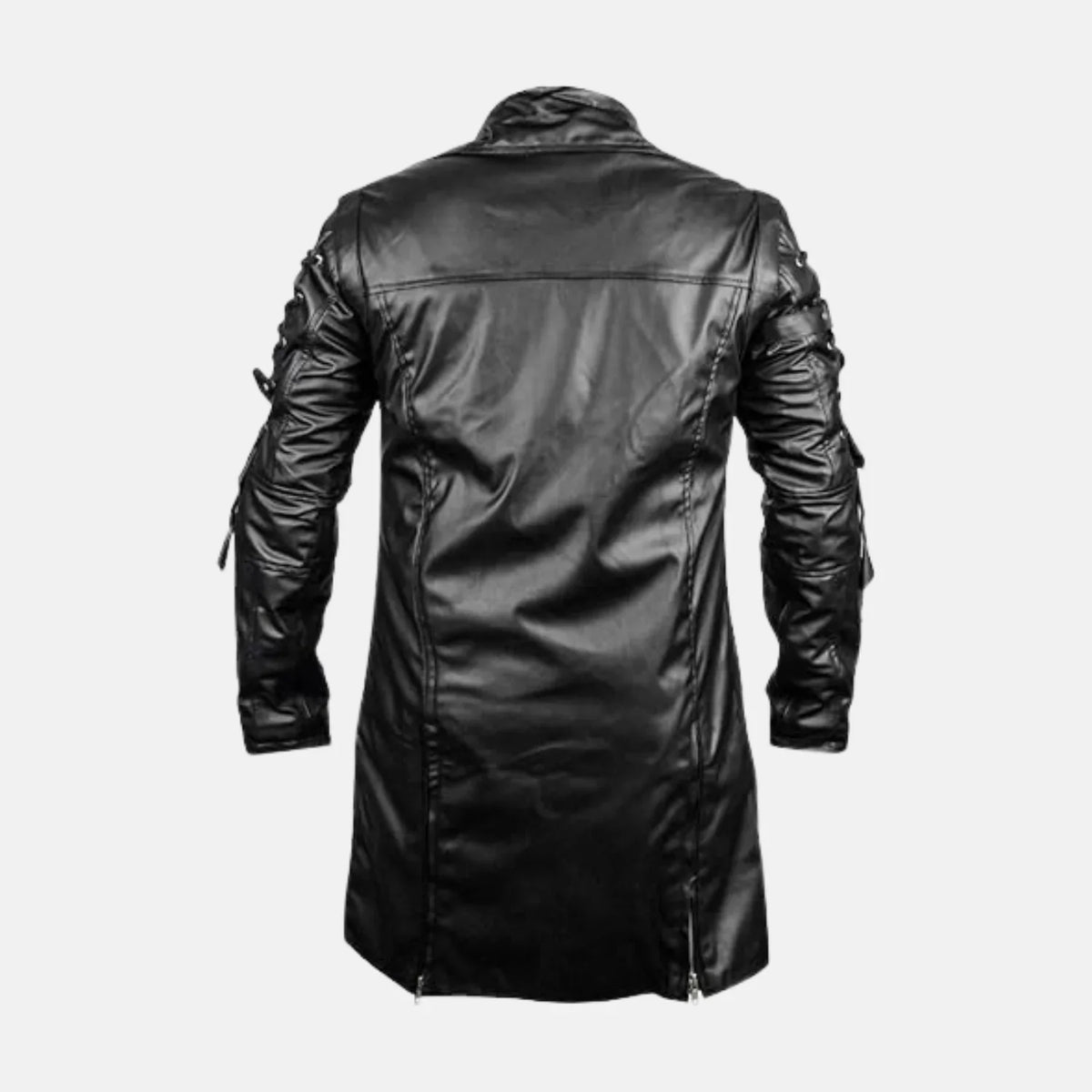 Men's gothic steampunk black leather coat with mid-length hem, side zipper detail and lace-up sleeves