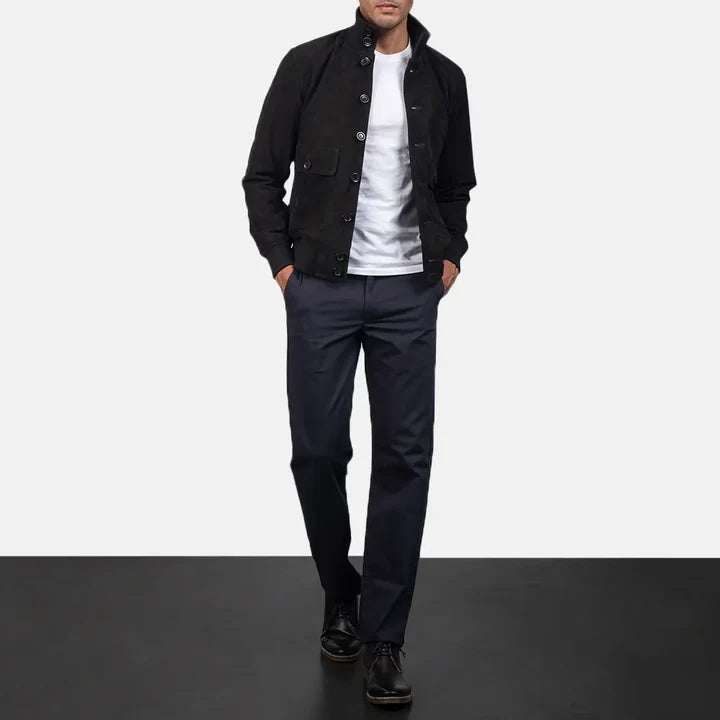 Eaton black suede bomber jacket full body styling with pants