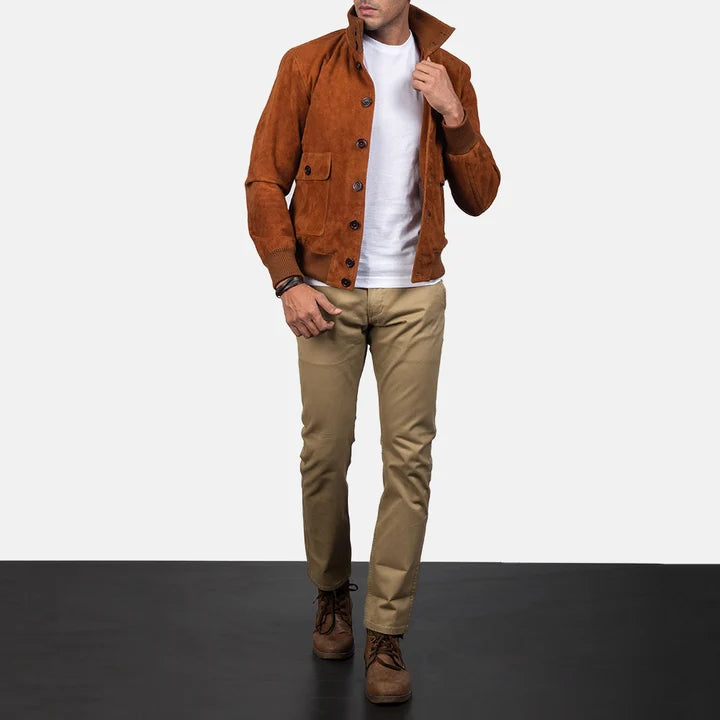 Eaton brown suede bomber jacket full body styling with pants