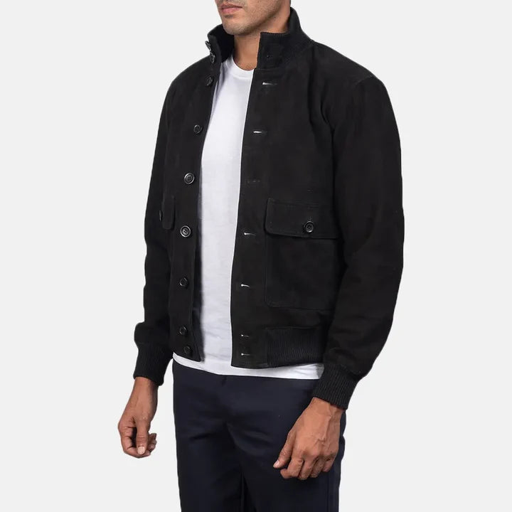 Eaton black suede bomber jacket side view