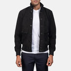Eaton black suede bomber jacket front view on model