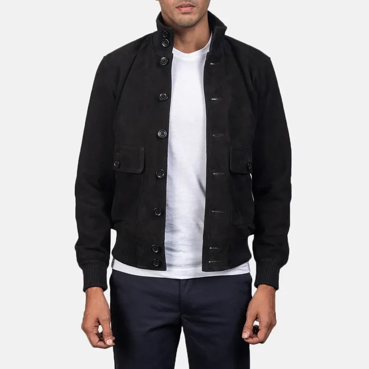Eaton black suede bomber jacket front view on model