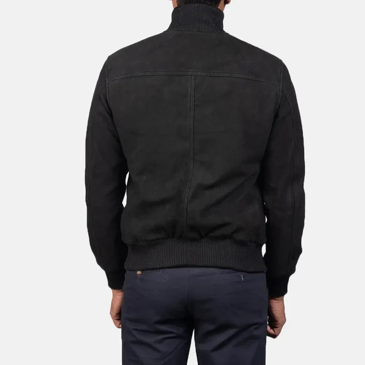 Eaton black suede bomber jacket back view