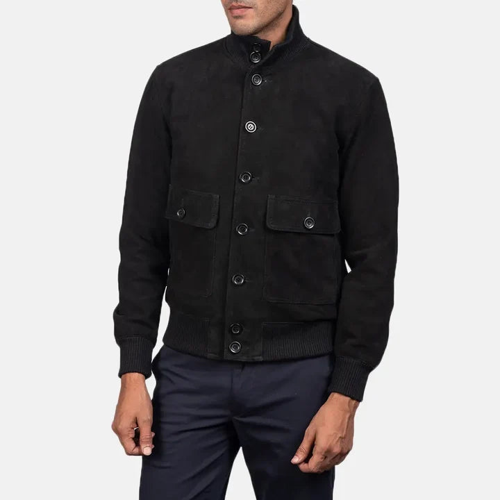 Eaton black suede bomber jacket close-up button and pocket detail