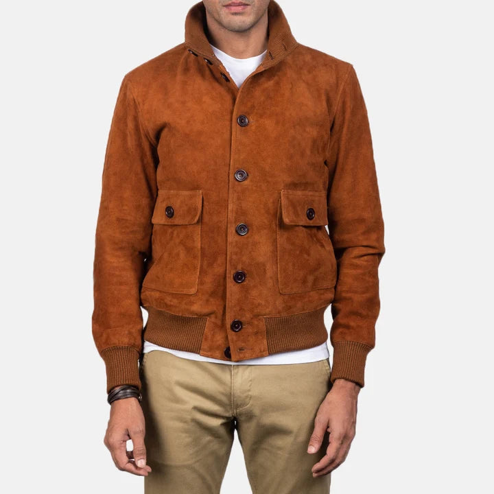 Eaton brown suede bomber jacket close-up front detail