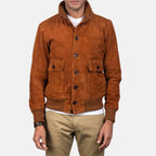 Eaton brown suede bomber jacket close-up front detail