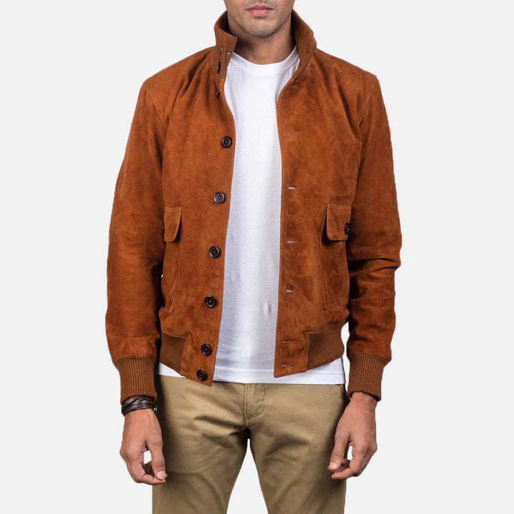 Eaton brown suede bomber jacket full body side styling