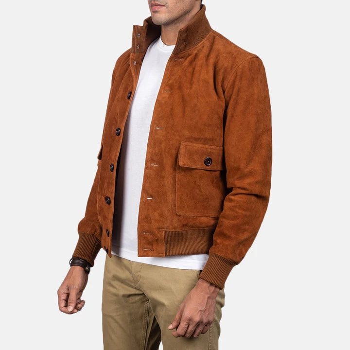 Eaton brown suede bomber jacket side view