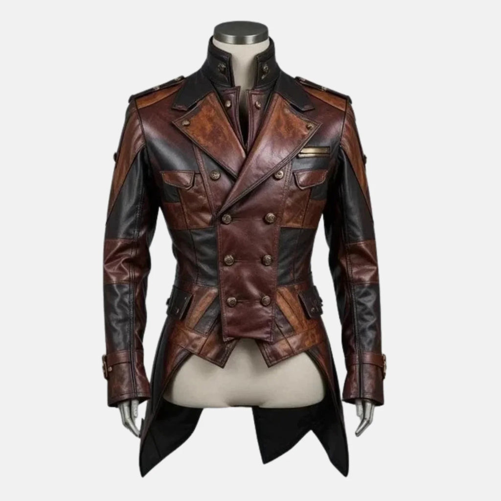 Men's steampunk leather tailcoat jacket in brown and black with double-breasted brass buttons, stand-up collar and epaulettes, front view