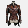 Men's steampunk leather tailcoat jacket in brown and black with double-breasted brass buttons, stand-up collar and epaulettes, front view