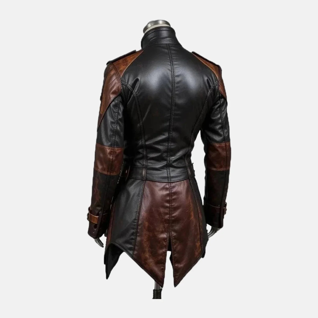 Men's steampunk leather tailcoat jacket in brown and black with patchwork panels and swallowtail hem