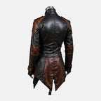 Men's steampunk leather tailcoat jacket in brown and black with patchwork panels and swallowtail hem