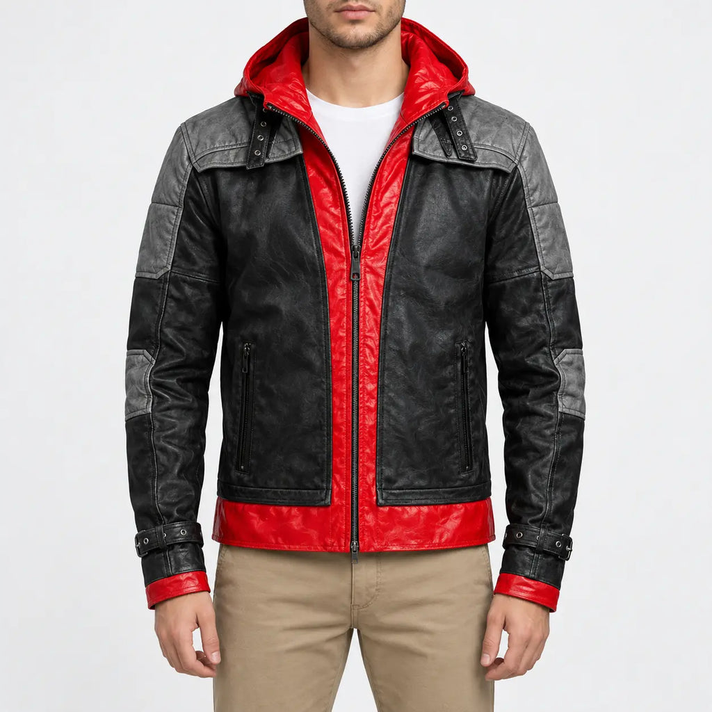 Men’s black and red hooded leather jacket with grey shoulder panels, buckle cuffs and front zipper