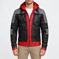 Men’s black and red hooded leather jacket with grey shoulder panels, buckle cuffs and front zipper