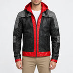 Men’s black and red hooded leather jacket with grey shoulder panels, buckle cuffs and front zipper