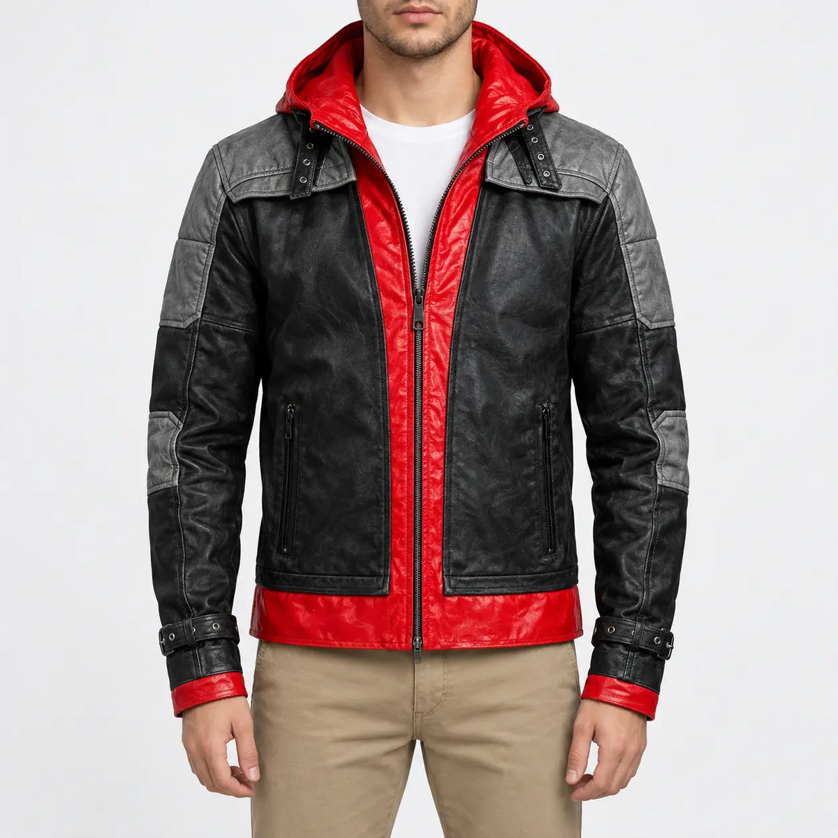 Men’s black and red hooded leather jacket with grey shoulder panels, buckle cuffs and front zipper