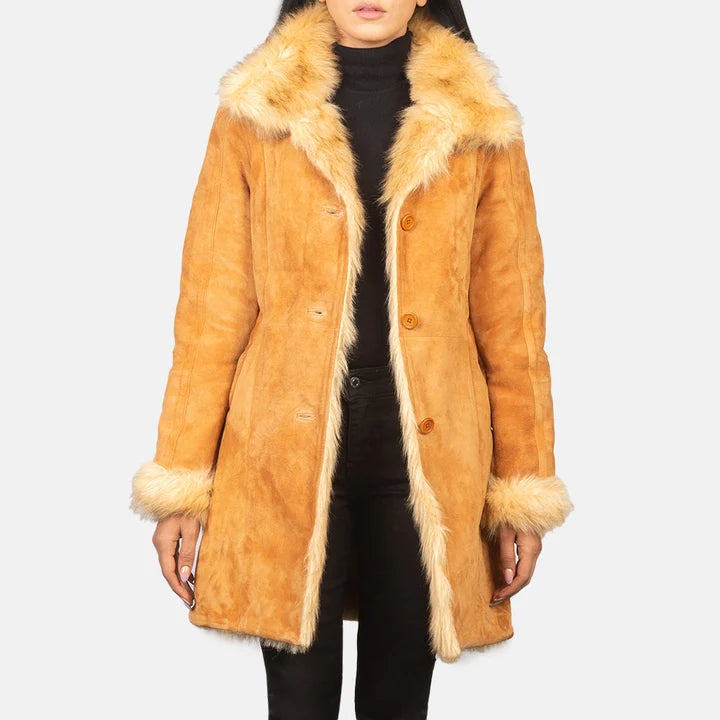 Women's Erica camel shearling leather coat with cream fur collar and three button front, front view