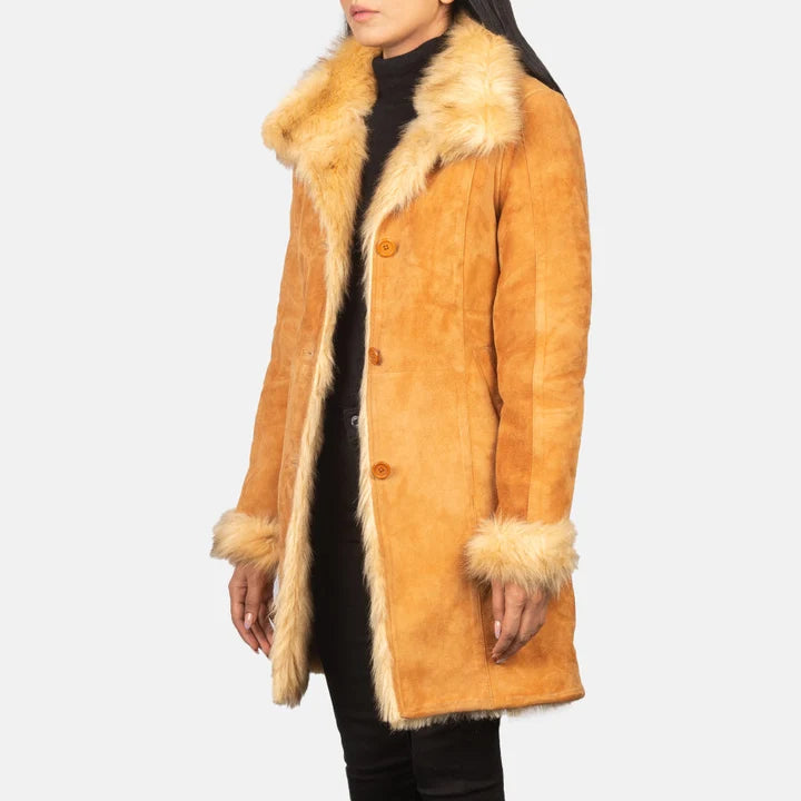 Women's Erica camel suede-finish shearling coat worn open with cream fur lining, angled front view