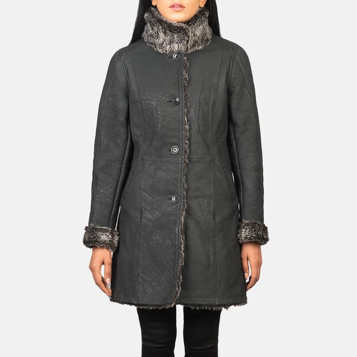 Women's Erica black distressed shearling leather coat with grey fur collar and button front, front view