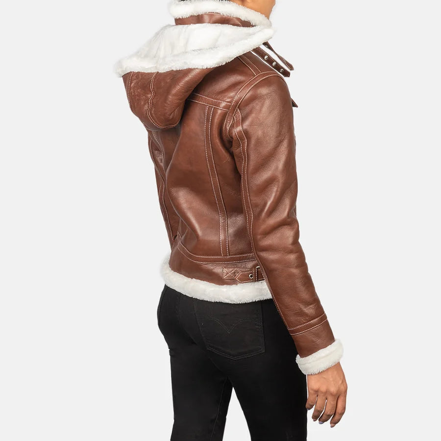 Women's FionaBrownHooded brown hooded shearling leather jacket with white fur hood and waist tab, back view