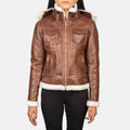 Women's FionaBrownHooded brown hooded shearling leather jacket with fur trim collar and chest flap pockets