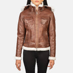 Women's FionaBrownHooded brown hooded shearling leather jacket with fur trim collar and chest flap pockets