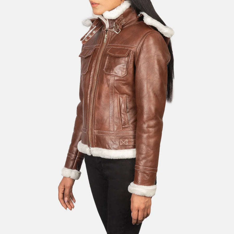 Women's FionaBrownHooded brown shearling leather jacket with fur hood and fitted sleeve, side view