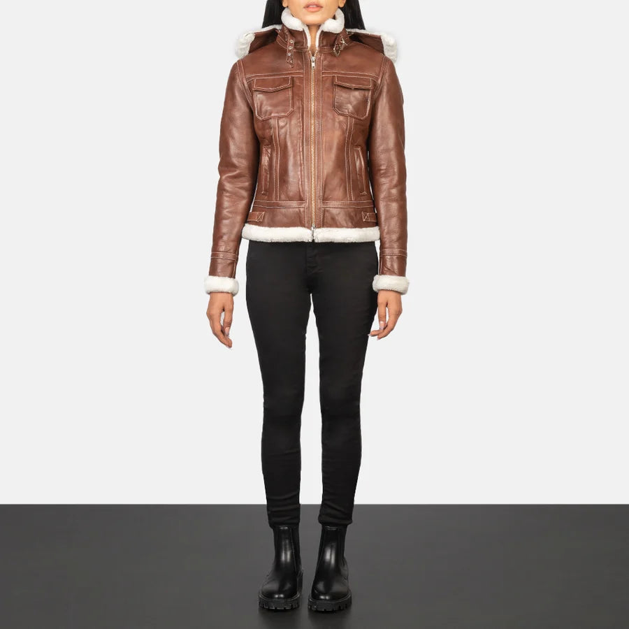 Women's FionaBrownHooded brown shearling leather jacket with fur trim hem, full length front view
