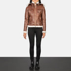 Women's FionaBrownHooded brown shearling leather jacket with fur trim hem, full length front view