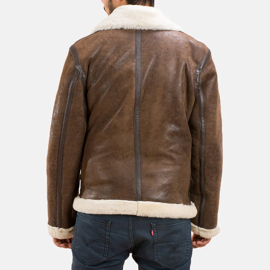 Men's Forest brown double face shearling jacket with cream wool collar and shearling trim hem
