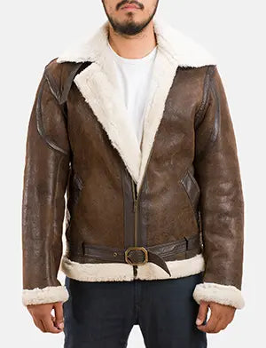 Men's Forest brown double face shearling jacket with cream wool collar and belted waist
