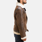 Men's Forest brown double face shearling jacket with cream wool collar and fur trim cuffs