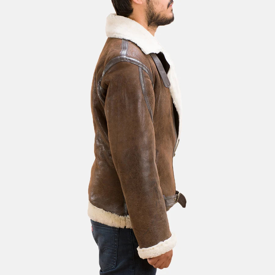 Men's Forest brown double face shearling jacket with cream wool collar and fur trim cuffs