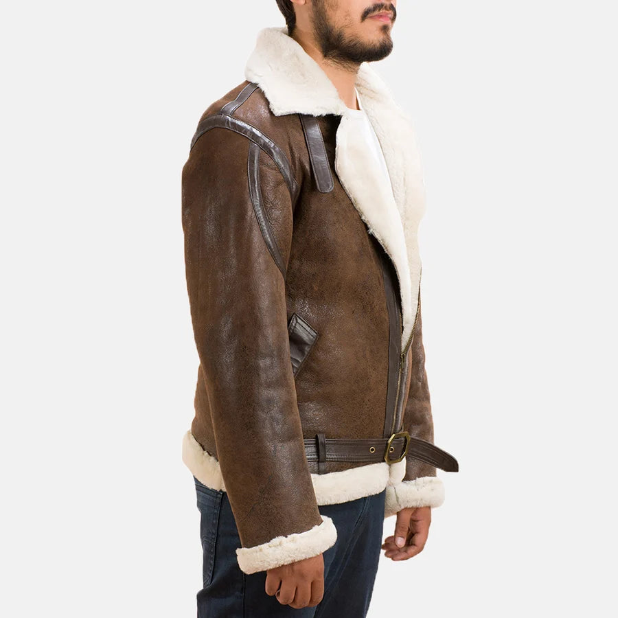 Men's Forest brown double face shearling jacket with shearling trim hem and belt detail, angled
