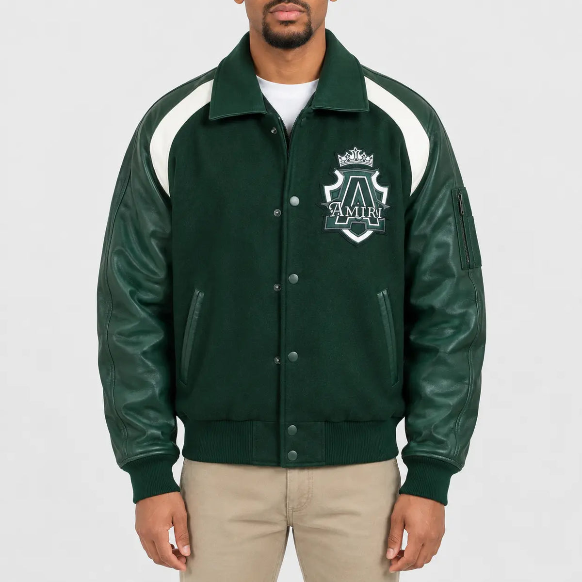 Green Lantern Varsity Jacket front view featuring a superhero-inspired design, button closure, and classic varsity styling.