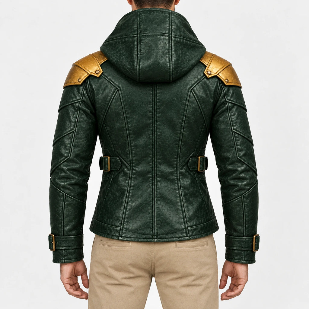 Men’s green hooded faux leather jacket with gold armor-style shoulders and panel seams
