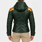 Men’s green hooded faux leather jacket with gold armor-style shoulders and panel seams