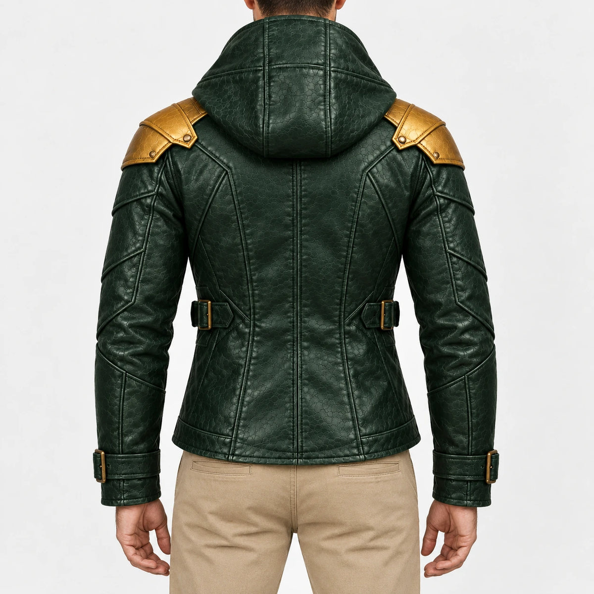 Men’s green hooded faux leather jacket with gold armor-style shoulders and panel seams